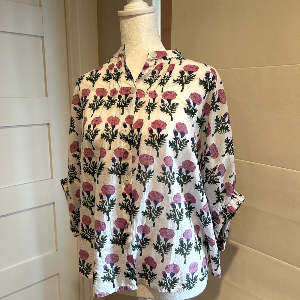 Emerson Fry White Cream Blouse with Mandarin Collar and 3/4 Sleeves